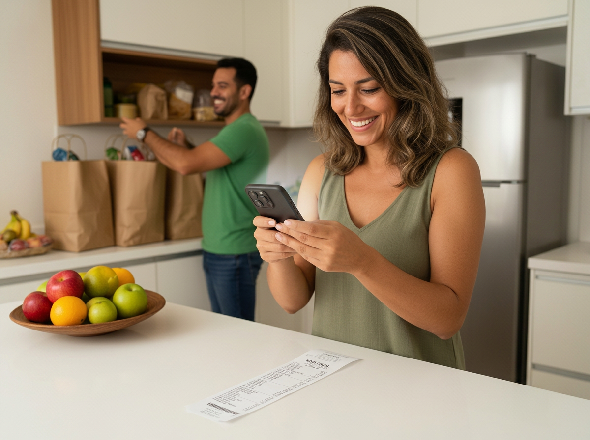 Casal brasileiro na cozinha — mulher escaneando uma nota fiscal sobre a bancada com o celular enquanto o marido guarda as compras